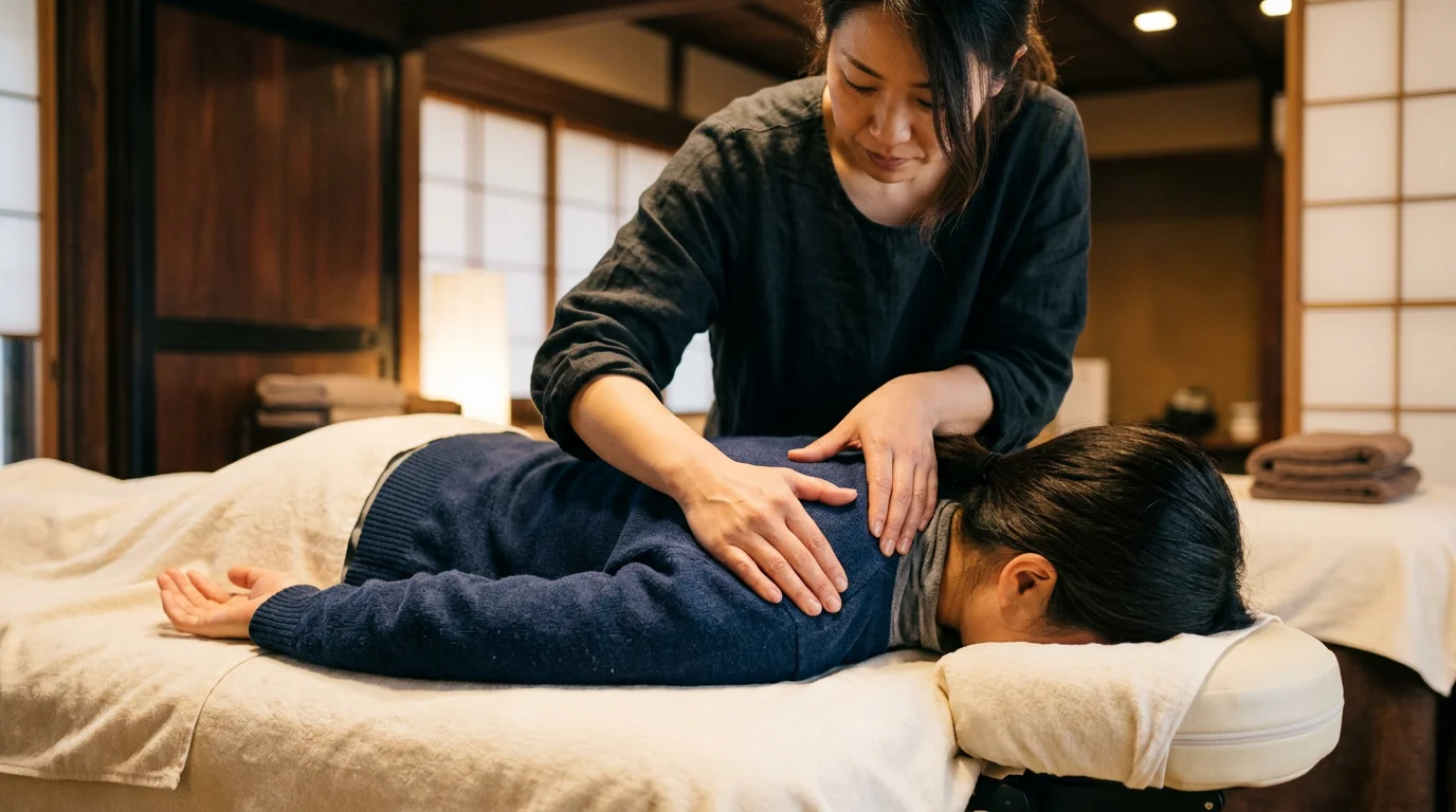 施術者が横になる人の肩まわりに手を添えている様子